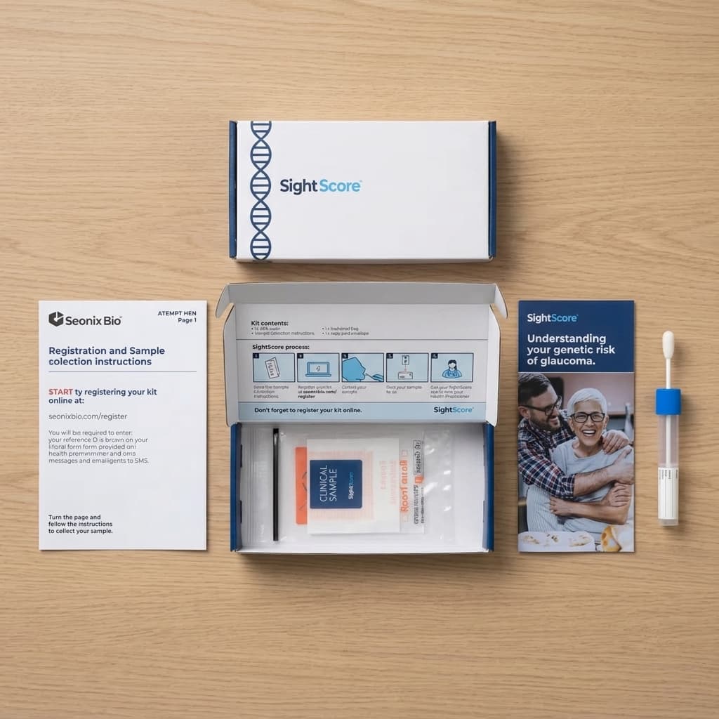 SightScore genetic test kit contents — box, saliva collection swab, instructions, and informational brochure