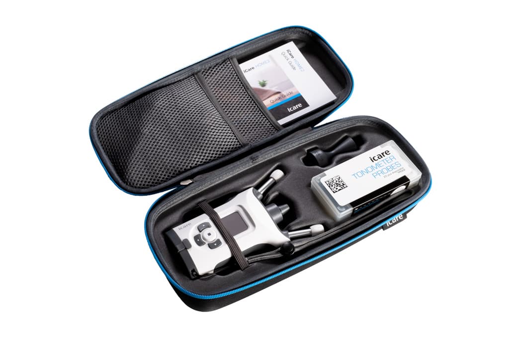 iCare HOME2 rental kit: tonometer, probes, quick start guide, and carry case